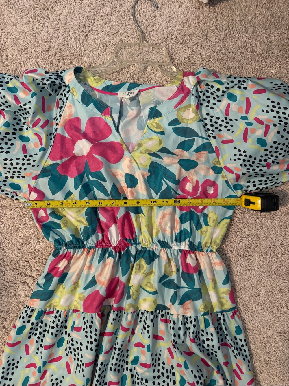 Umgee Multicolor Floral Print Tiered Puff Sleeve Dress - Size M - Picture 7 of 10